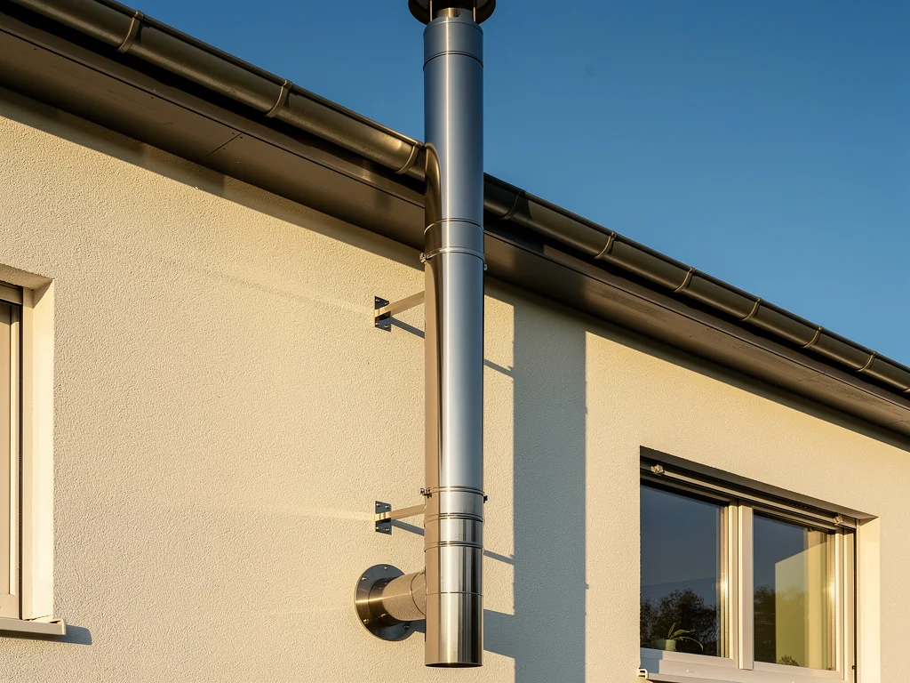 Tubage inox d'un conduit de fumée pour poêle à granulés le long d'une façade